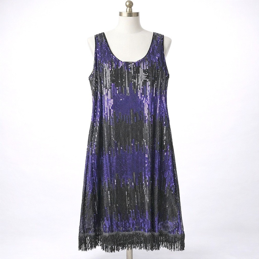 Vtg Jerry Beck Charades Sequin Fringe Dress Size‎ 1X Purple Party Flapper Gatsby